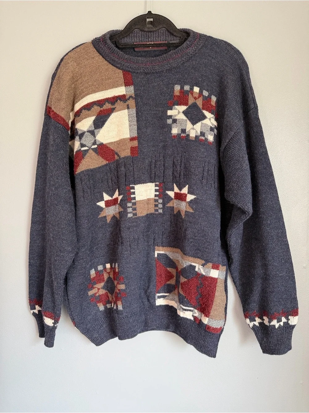 Vintage 90s Geometric Patchwork Crewneck Grandpa Sweater XL
